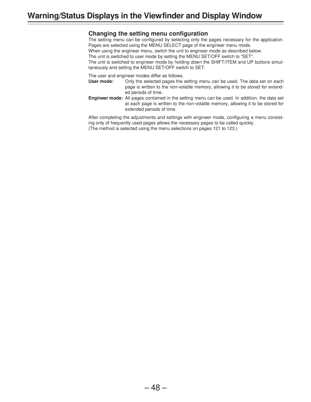 Panasonic AJ-PD900WP operating instructions Changing the setting menu configuration 