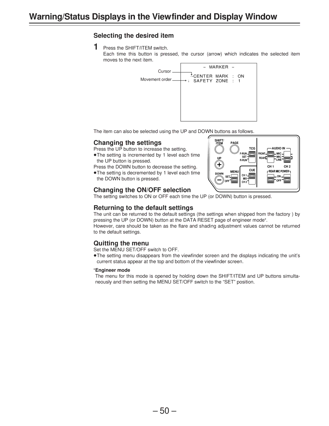 Panasonic AJ-PD900WP Selecting the desired item, Changing the settings, Changing the ON/OFF selection, Quitting the menu 