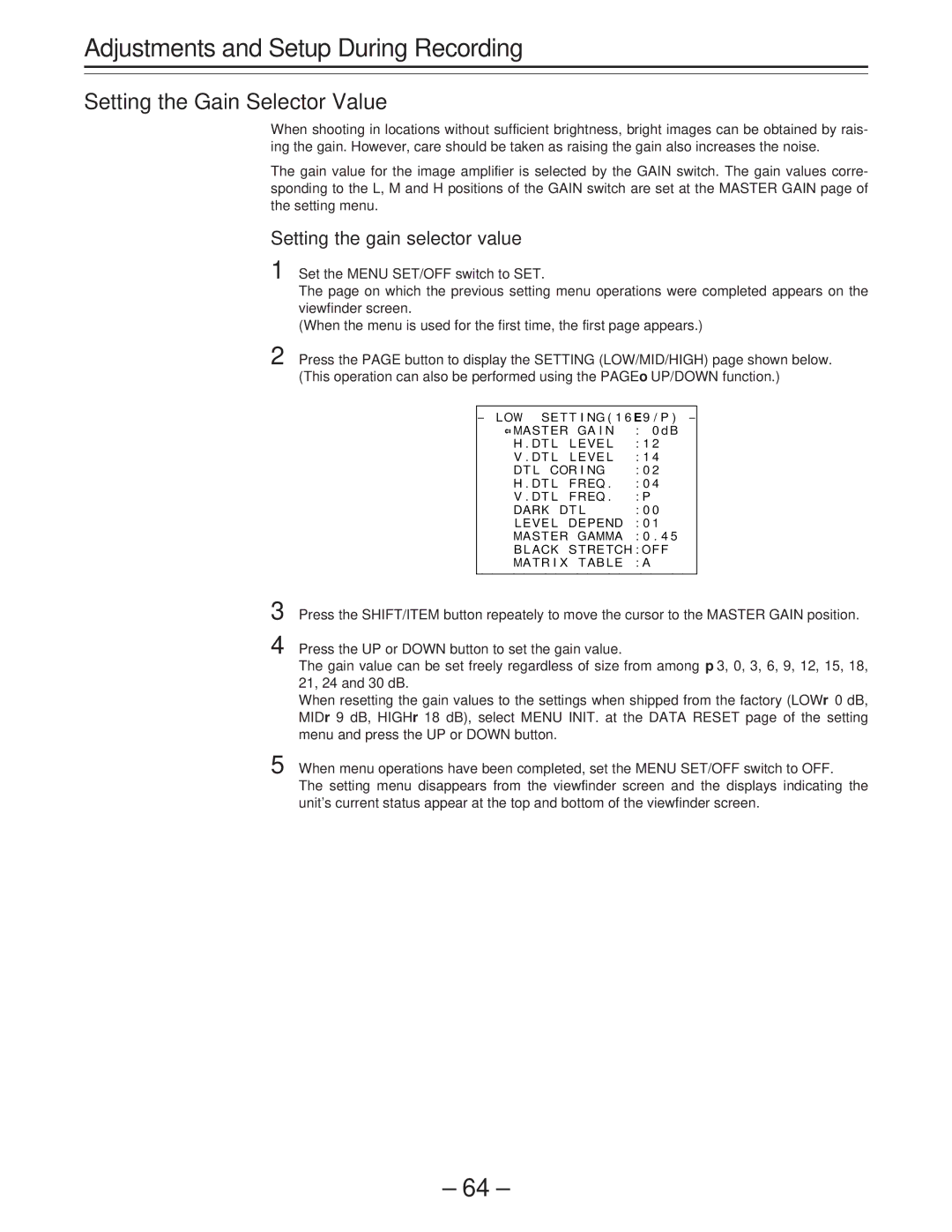 Panasonic AJ-PD900WP operating instructions Setting the Gain Selector Value, Setting the gain selector value 