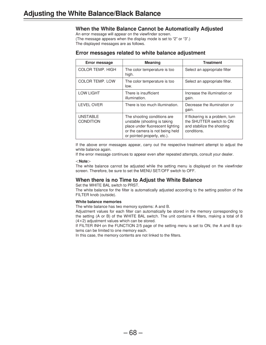 Panasonic AJ-PD900WP When the White Balance Cannot be Automatically Adjusted, Error message Meaning Treatment 