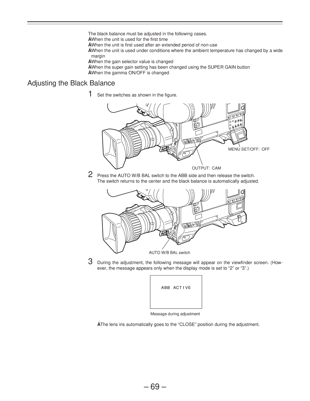 Panasonic AJ-PD900WP operating instructions Adjusting the Black Balance, Menu SET/OFF OFF Output CAM 