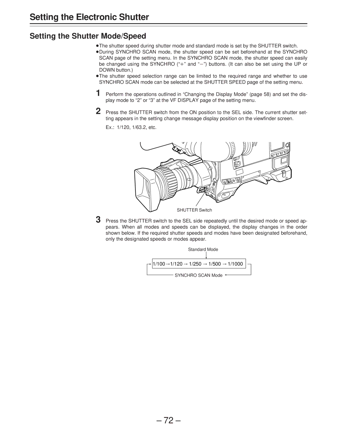 Panasonic AJ-PD900WP operating instructions Setting the Shutter Mode/Speed, 120 250 500 1000 