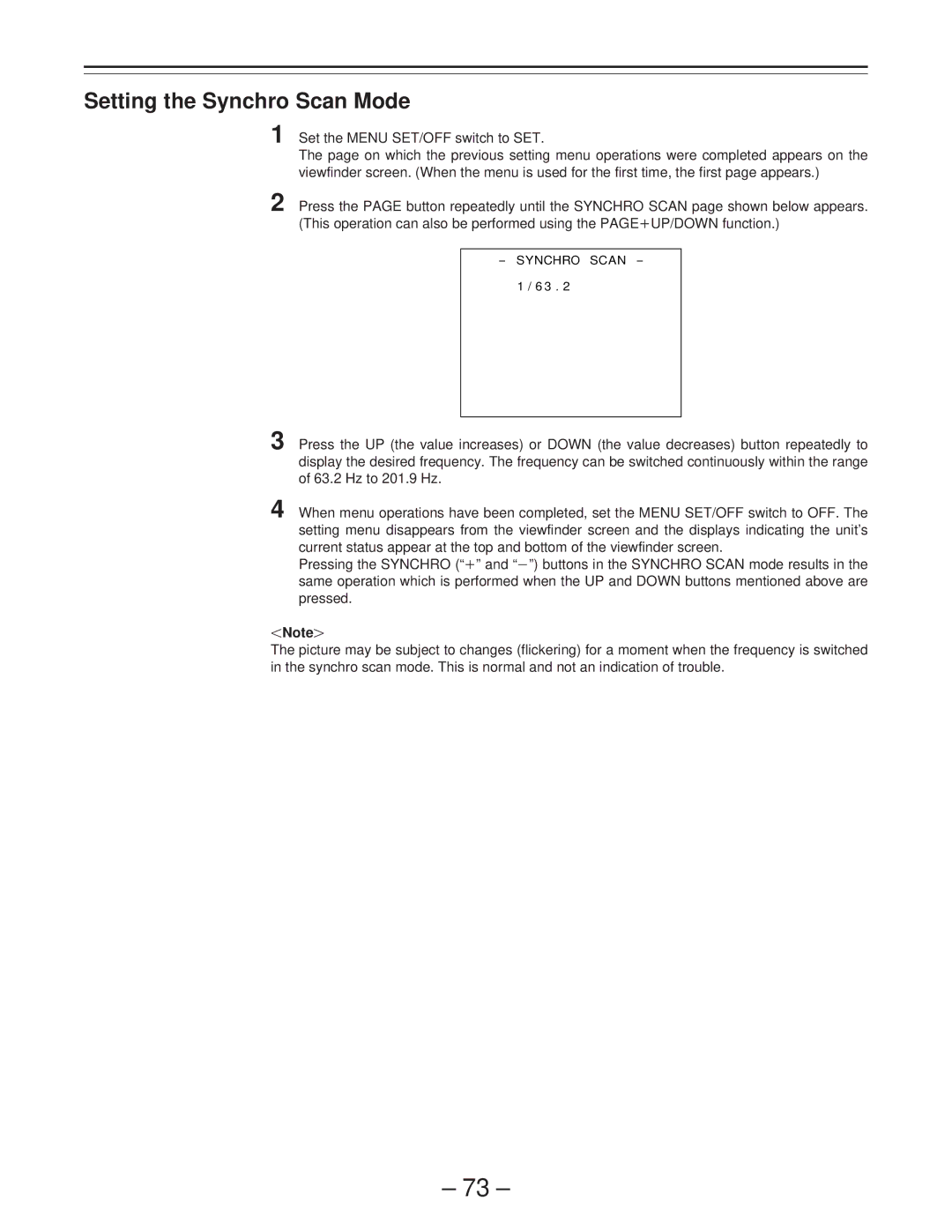 Panasonic AJ-PD900WP operating instructions Setting the Synchro Scan Mode 