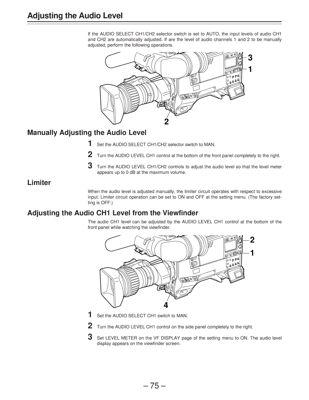 Panasonic AJ-PD900WP Manually Adjusting the Audio Level, Limiter, Adjusting the Audio CH1 Level from the Viewfinder 