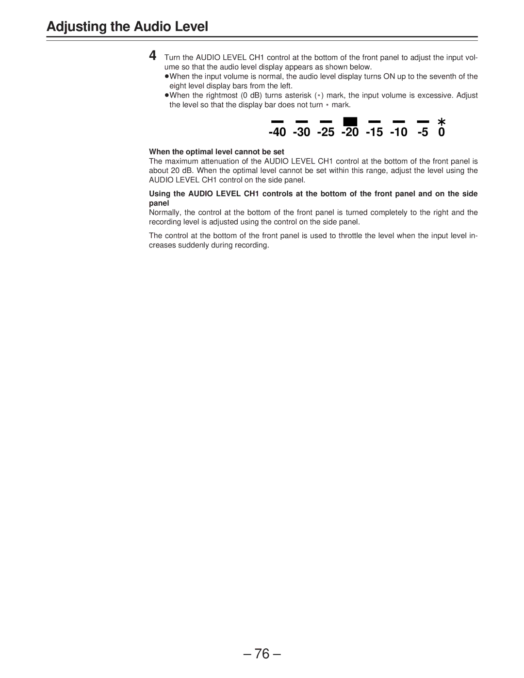 Panasonic AJ-PD900WP operating instructions 40 -30 -25 -20 -15 -10 -5 E0, When the optimal level cannot be set 