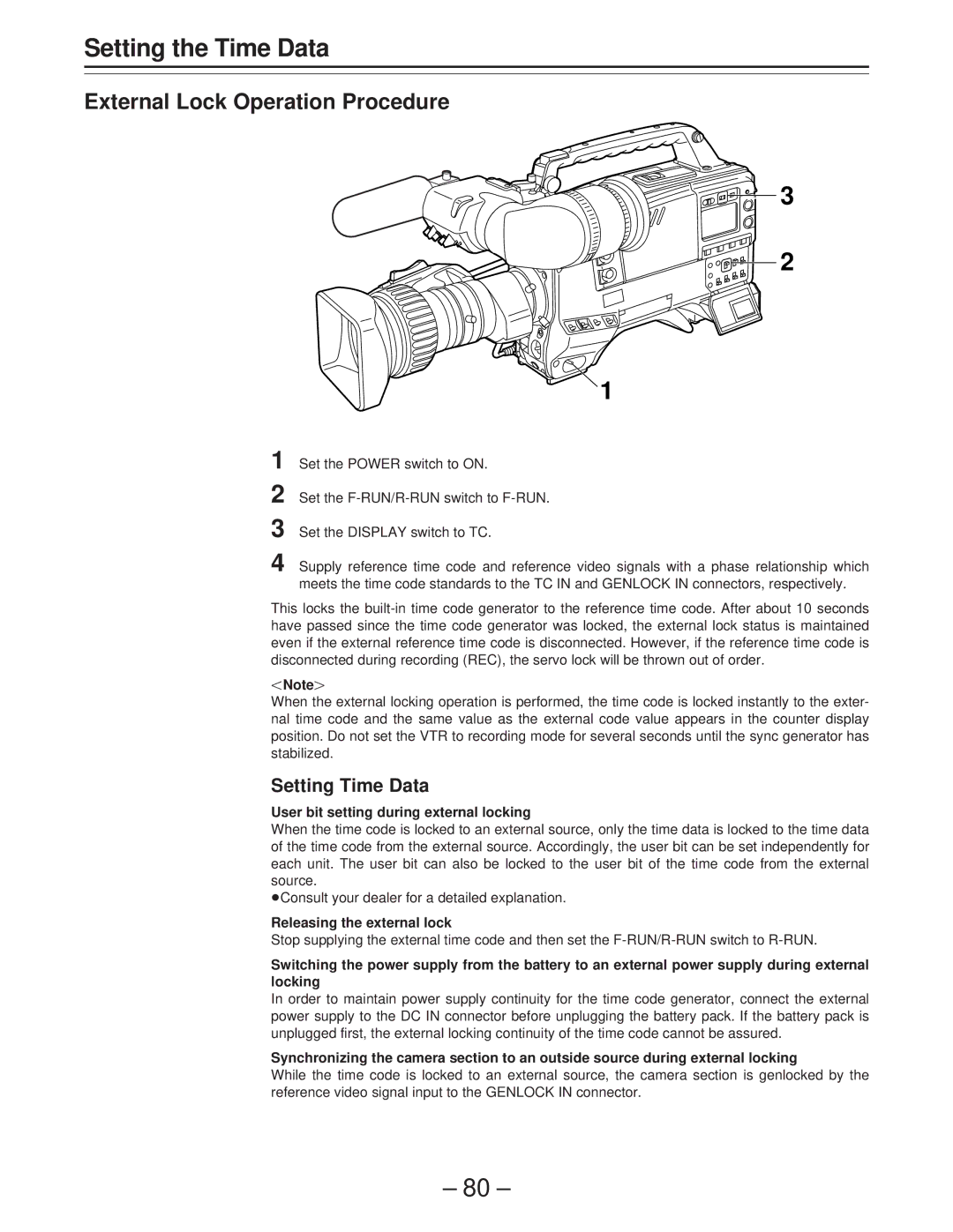 Panasonic AJ-PD900WP External Lock Operation Procedure, Setting Time Data, User bit setting during external locking 