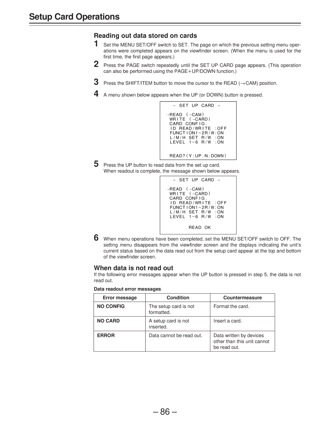 Panasonic AJ-PD900WP operating instructions Reading out data stored on cards, When data is not read out 