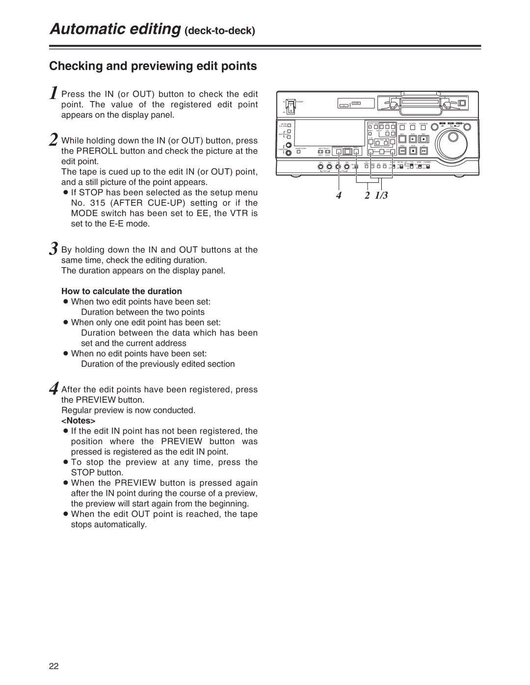 Panasonic AJ-SD755 operating instructions Checking and previewing edit points, How to calculate the duration 