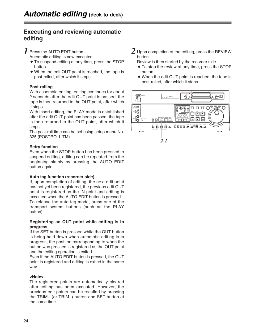 Panasonic AJ-SD755 operating instructions Executing and reviewing automatic editing, Post-rolling, Retry function 