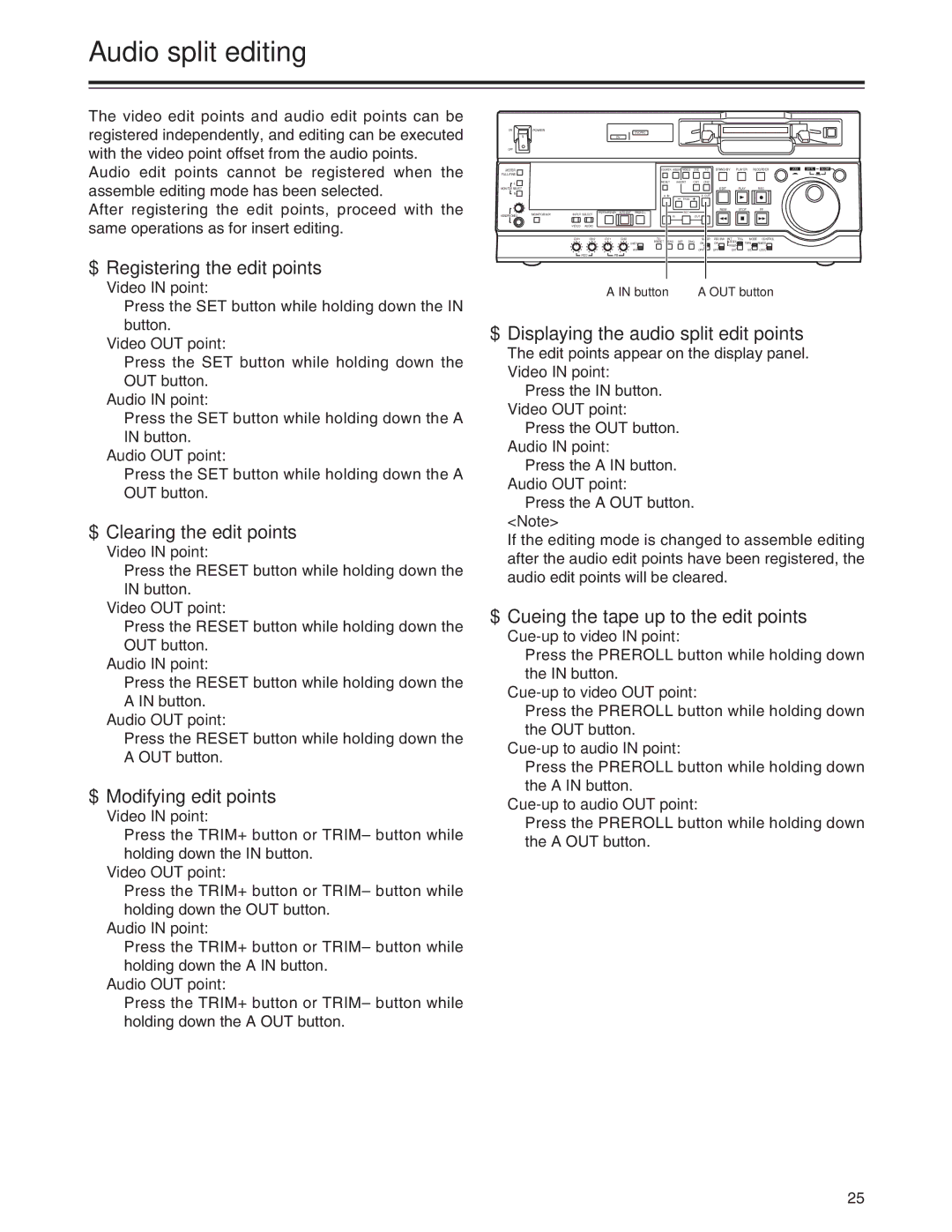 Panasonic AJ-SD755 operating instructions Audio split editing 