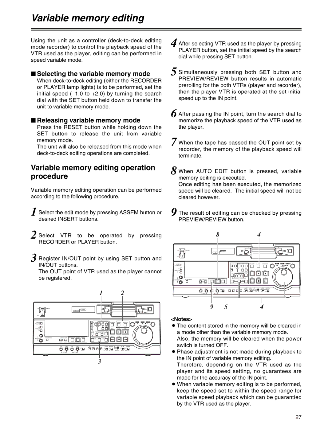 Panasonic AJ-SD755 Variable memory editing operation procedure, $ Selecting the variable memory mode 