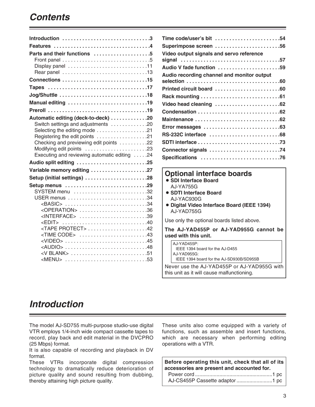 Panasonic AJ-SD755 operating instructions Contents, Introduction 