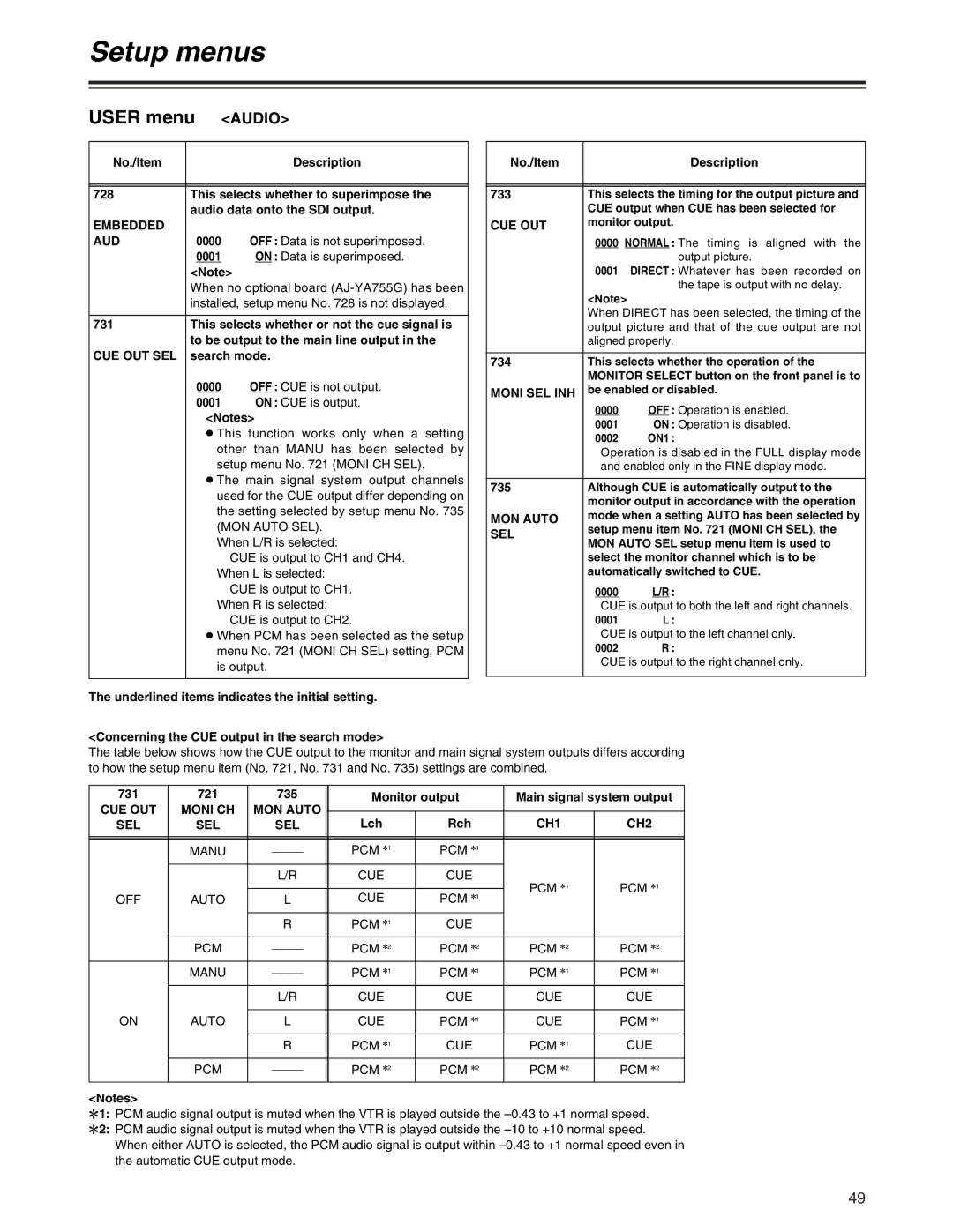 Panasonic AJ-SD755 operating instructions User menu Audio 