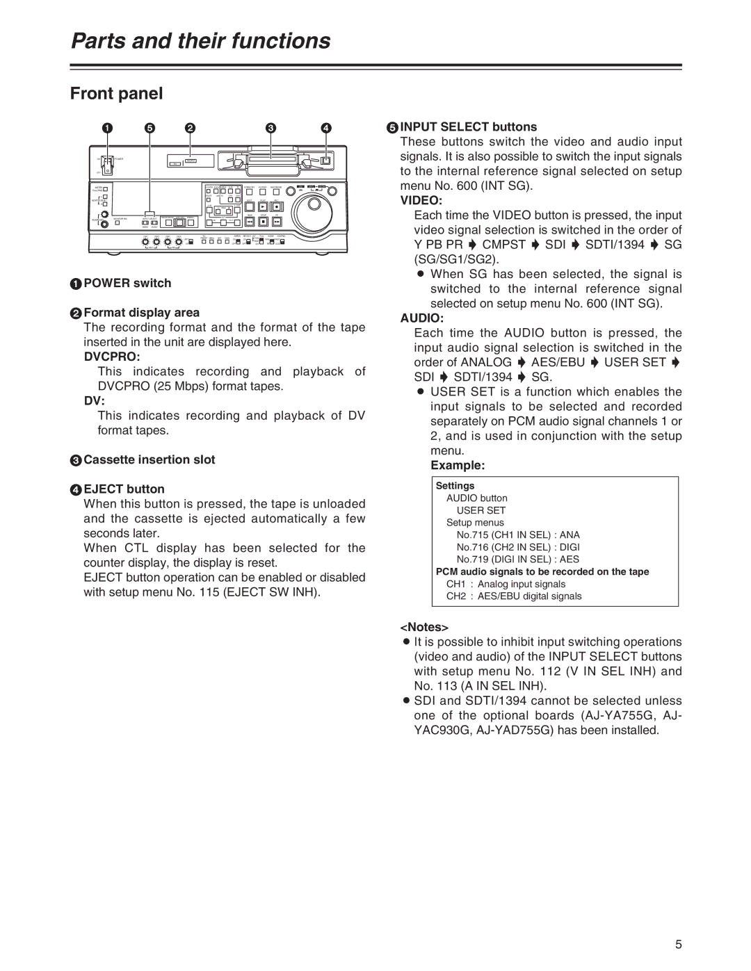 Panasonic AJ-SD755 operating instructions Parts and their functions, Front panel, Dvcpro, Video, Audio 