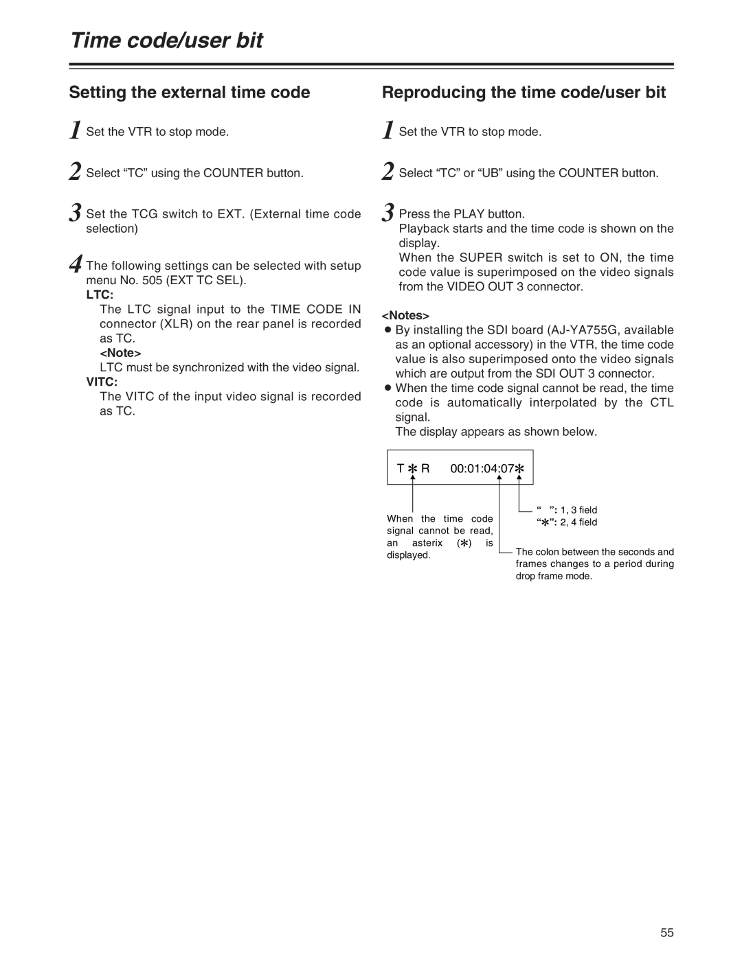 Panasonic AJ-SD755 operating instructions Setting the external time code, Ltc, Vitc 