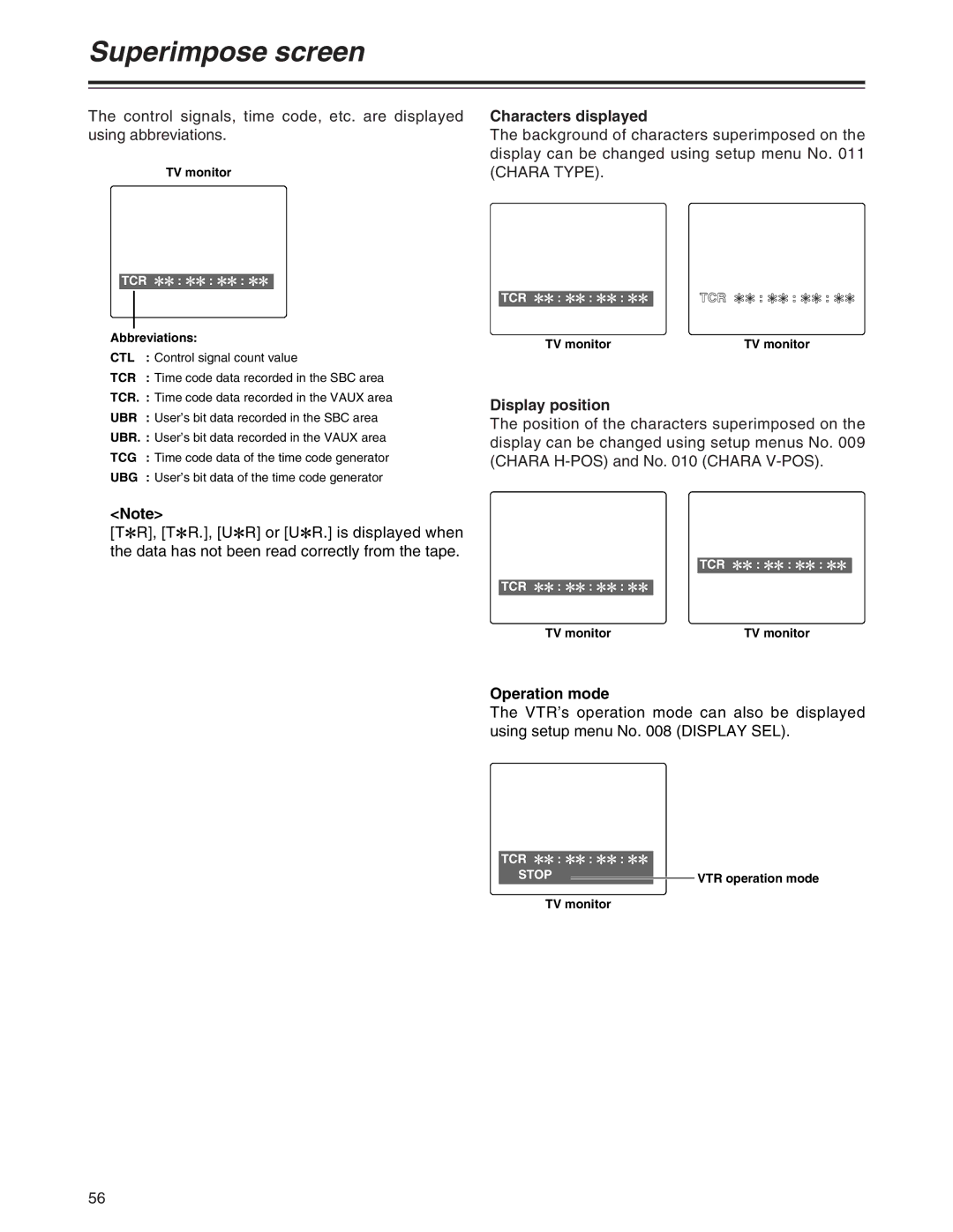 Panasonic AJ-SD755 operating instructions Superimpose screen, Characters displayed, Display position, Operation mode 