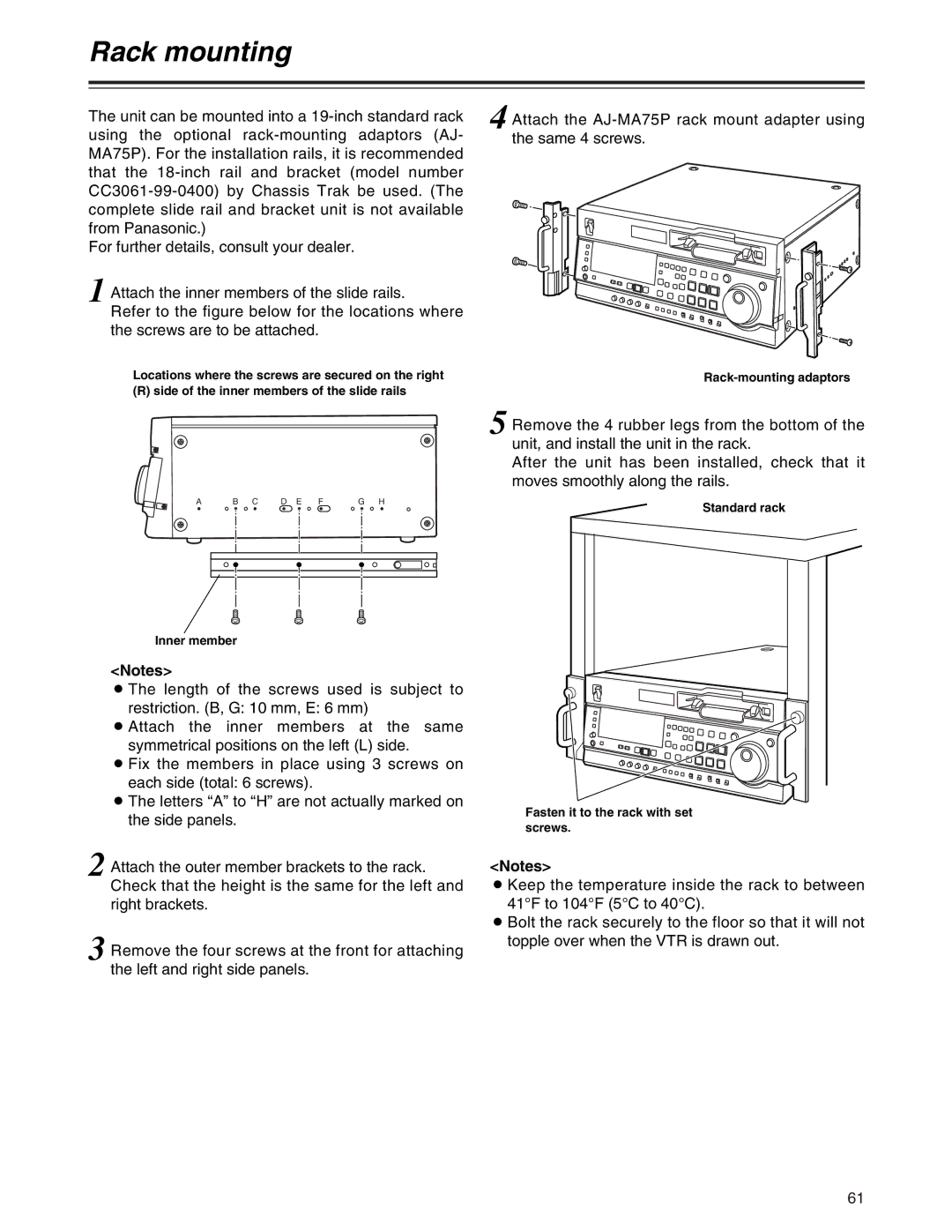 Panasonic AJ-SD755 Rack mounting, Rack-mounting adaptors, Standard rack Fasten it to the rack with set screws 