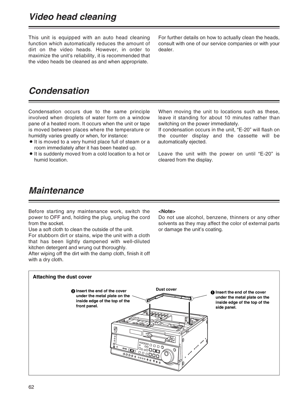 Panasonic AJ-SD755 Video head cleaning, Condensation, Maintenance, Attaching the dust cover, Insert the end of the cover 