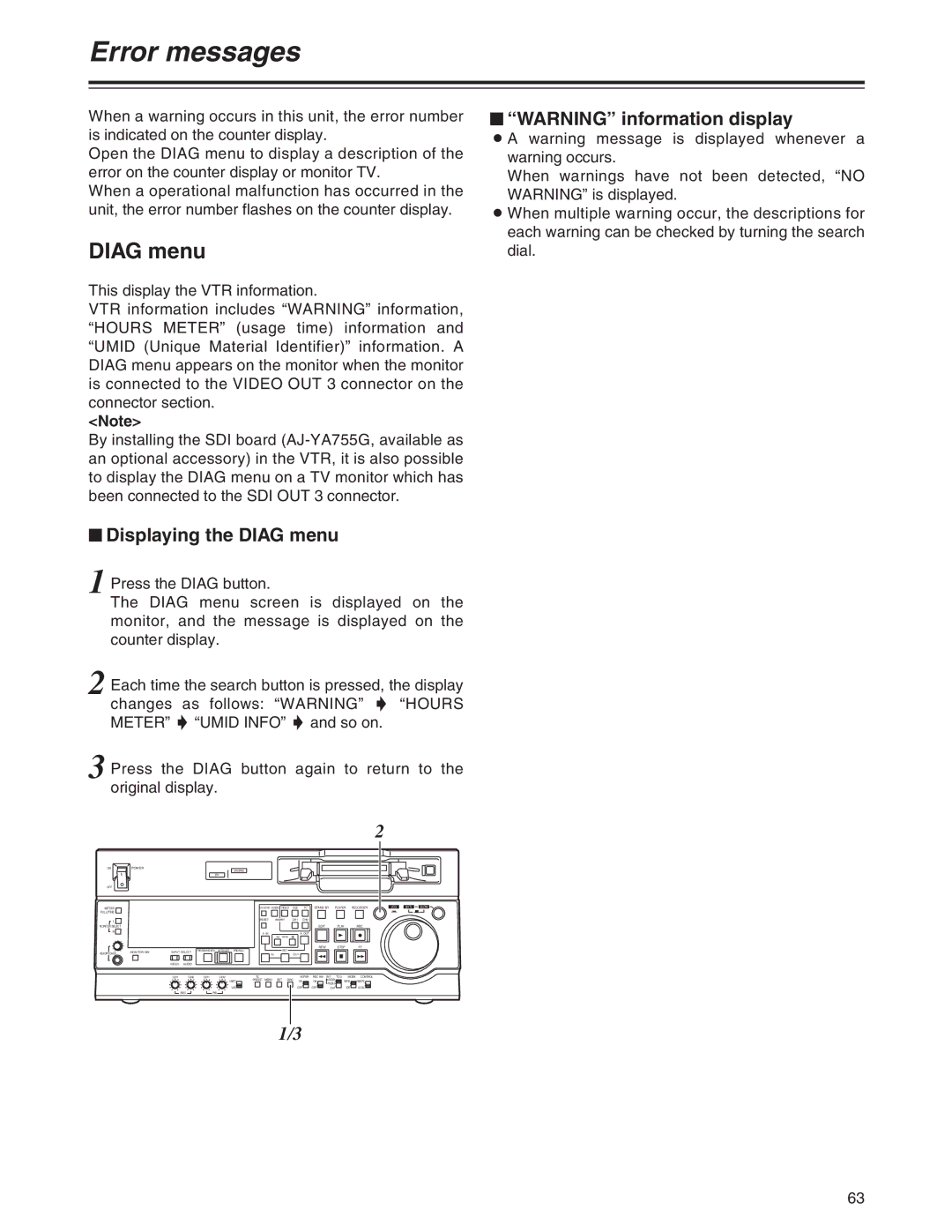 Panasonic AJ-SD755 operating instructions Error messages, $ Displaying the Diag menu, $ Warning information display 