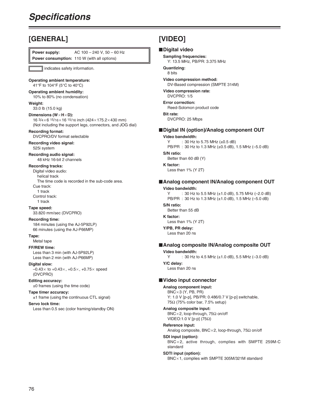 Panasonic AJ-SD755 operating instructions Specifications 