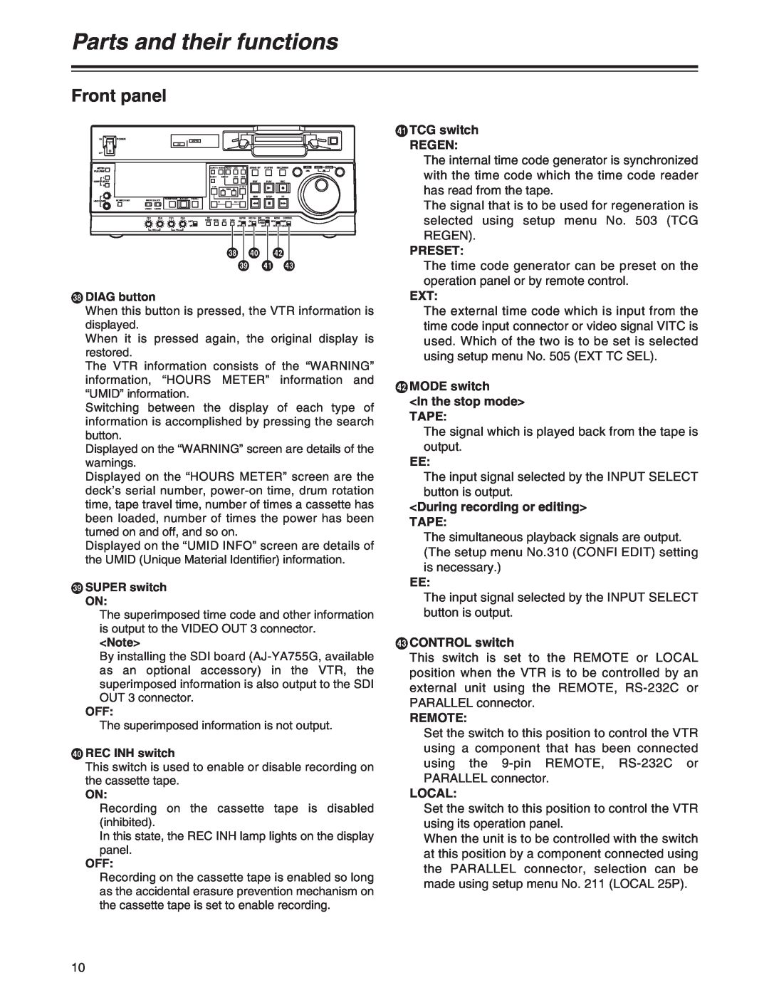 Panasonic AJ-SD755 V DIAG button, W SUPER switch ON, X REC INH switch, Y TCG switch REGEN, Preset, CONTROL switch, Remote 