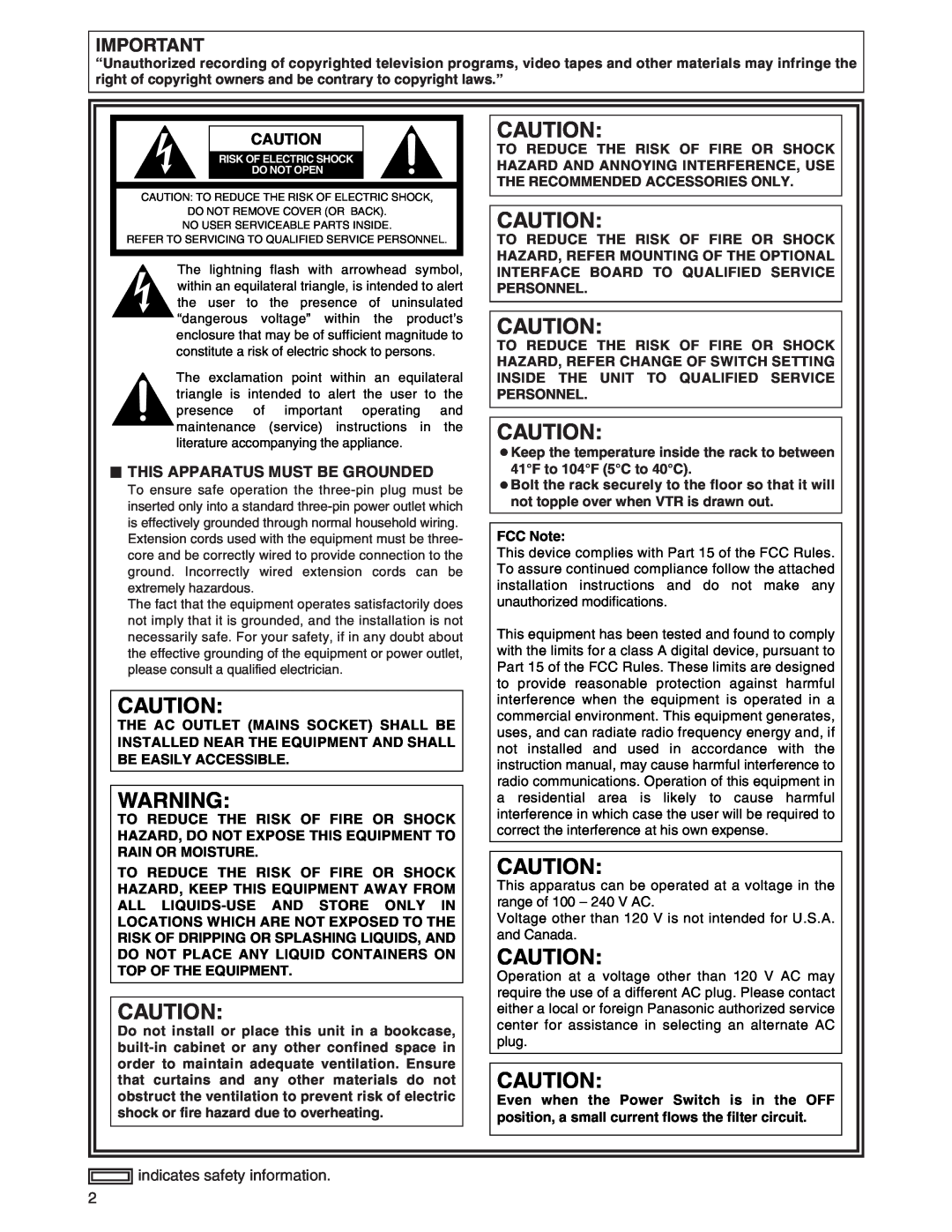 Panasonic AJ-SD755 operating instructions $ This Apparatus Must Be Grounded, indicates safety information 
