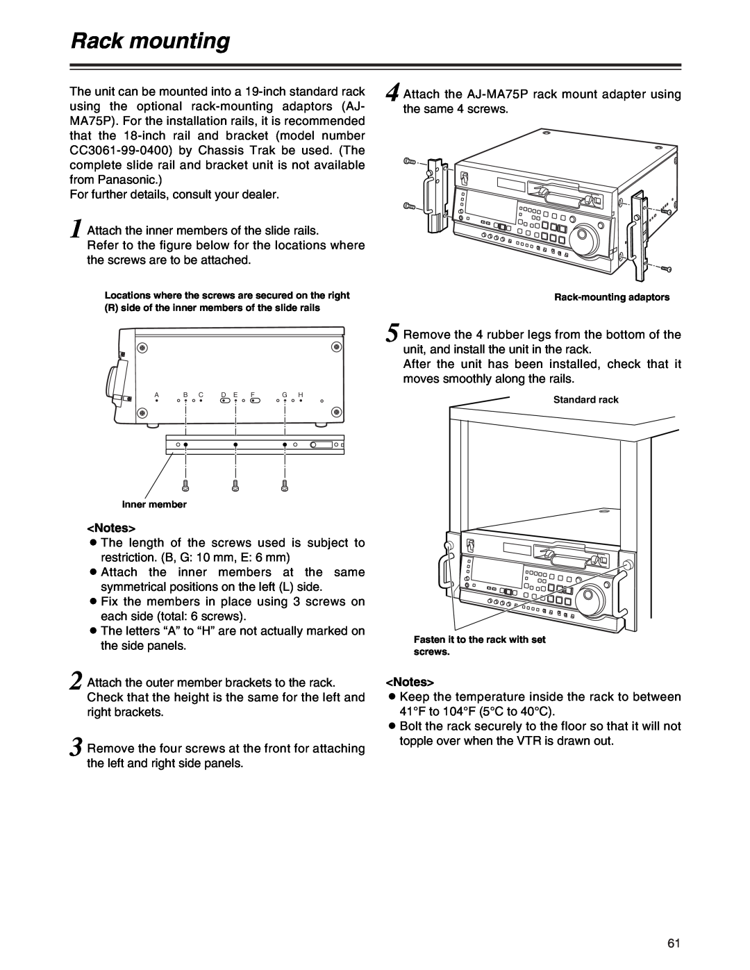 Panasonic AJ-SD755 operating instructions Rack mounting 