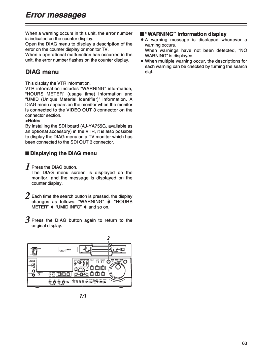 Panasonic AJ-SD755 operating instructions Error messages, $ Displaying the DIAG menu, $ “WARNING” information display 