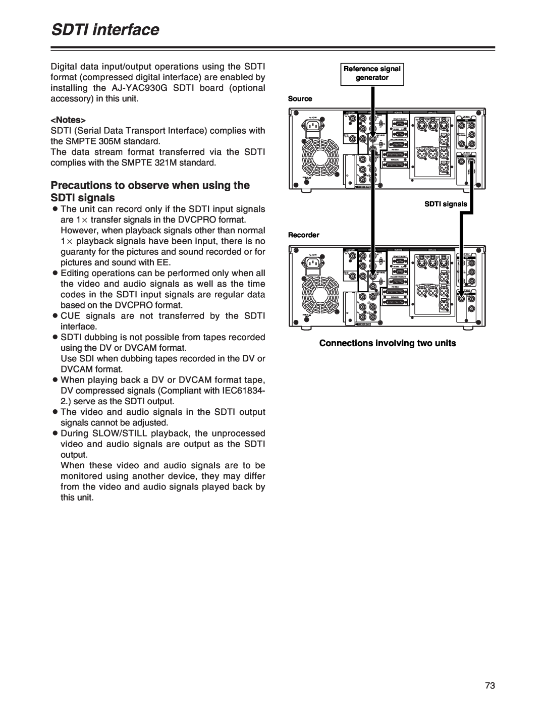 Panasonic AJ-SD755 SDTI interface, Precautions to observe when using the SDTI signals, Connections involving two units 