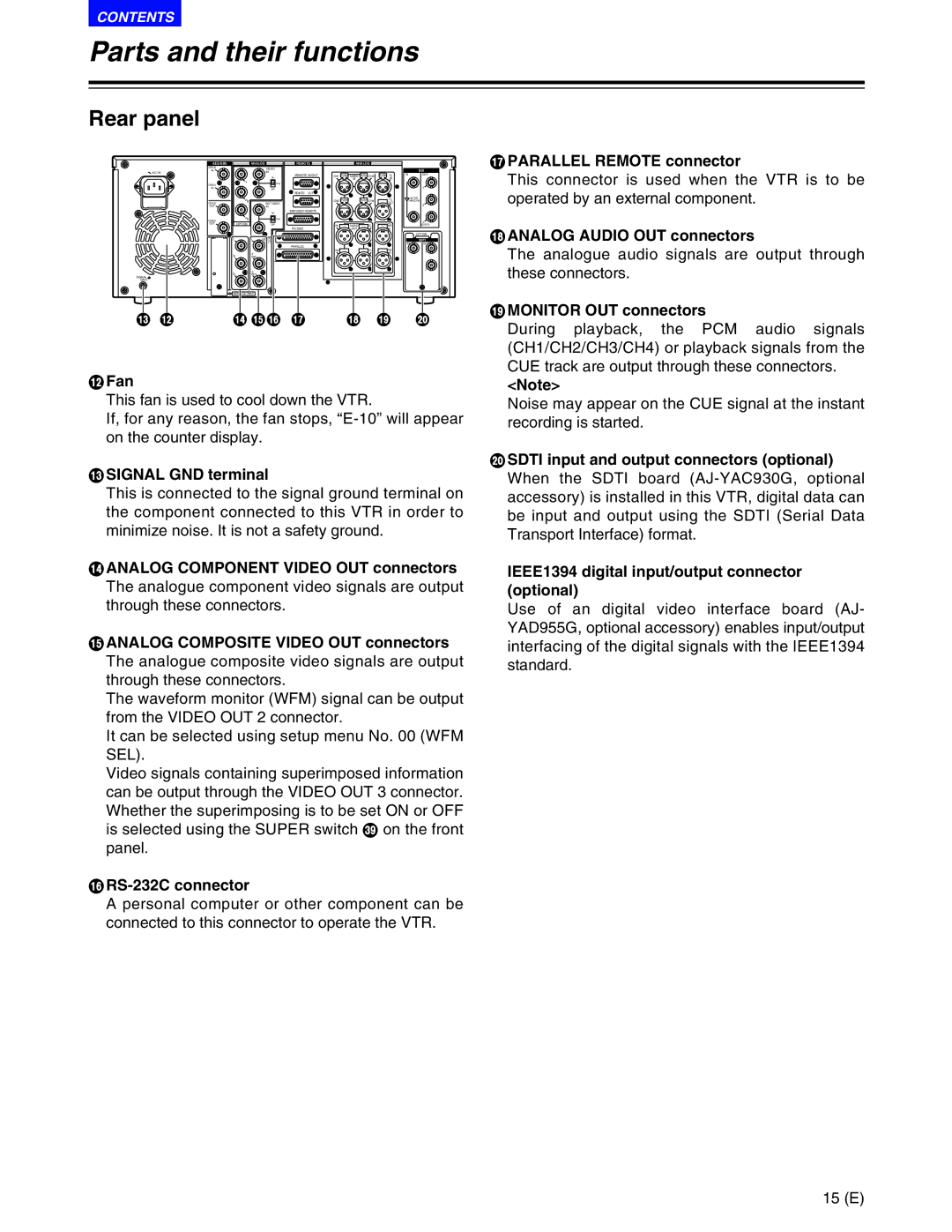 Panasonic AJ-SD955BE, AJ-SD930BE manual Parallel Remote connector, Analog Audio OUT connectors, Cmonitor OUT connectors, Fan 