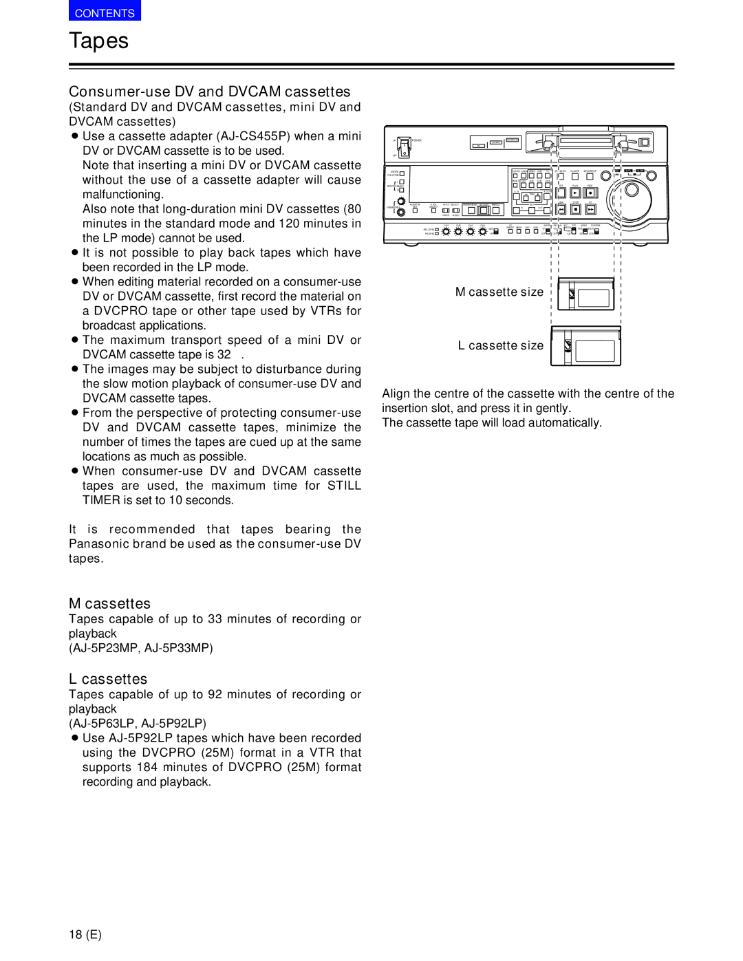 Panasonic AJ-SD930BE, AJ-SD955BE manual Tapes, Consumer-use DV and Dvcam cassettes, Cassettes, Cassette size 