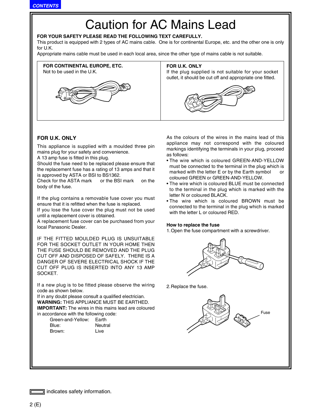 Panasonic AJ-SD930BE, AJ-SD955BE manual For U.K. only, Contents 