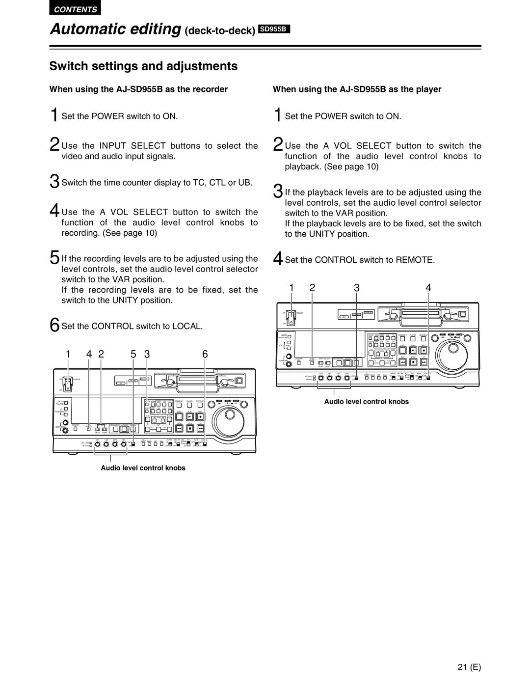 Panasonic AJ-SD955BE Automatic editing deck-to-deckSD955B, Switch settings and adjustments, Audio level control knobs 