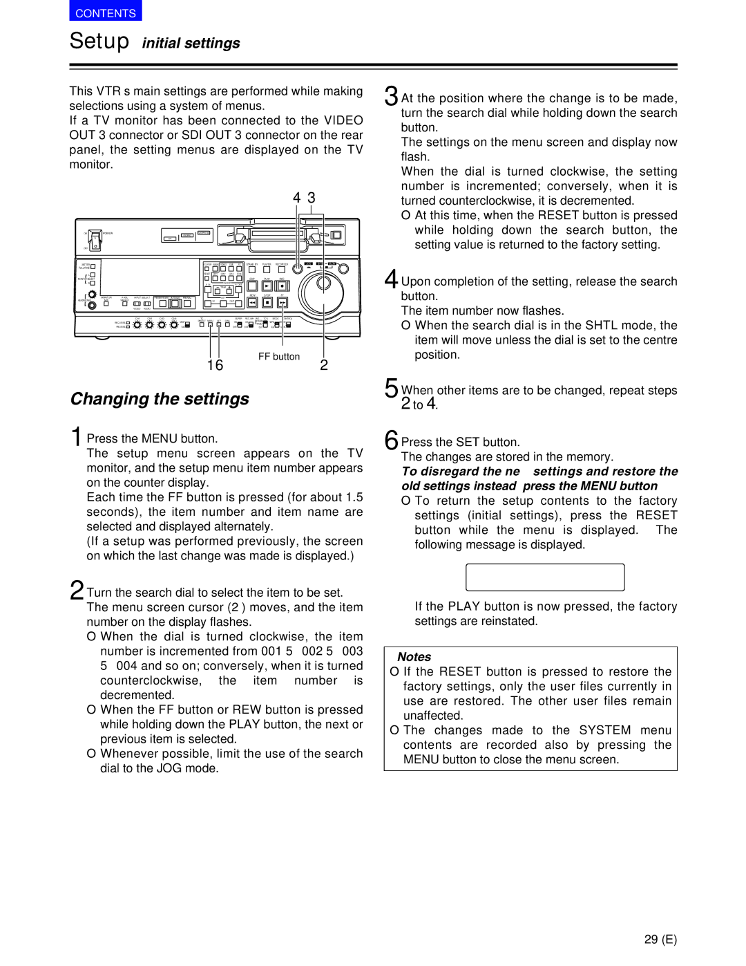 Panasonic AJ-SD955BE, AJ-SD930BE manual Changing the settings, Setup initial settings 