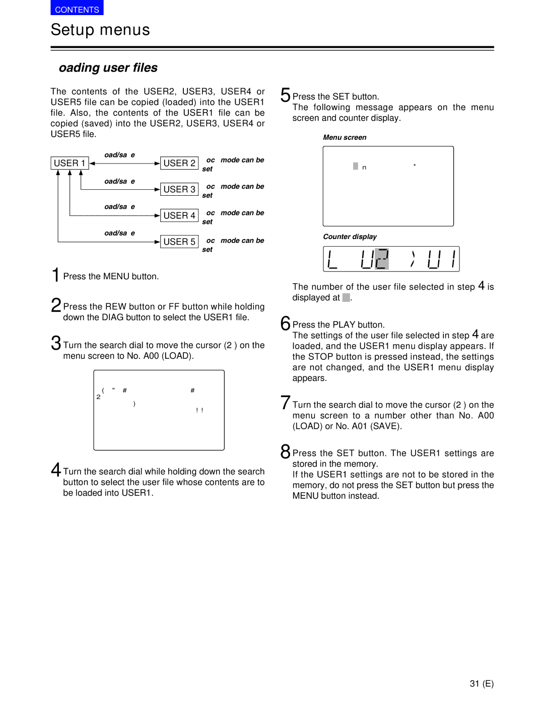 Panasonic AJ-SD955BE, AJ-SD930BE manual Loading user files, Load/save, Menu screen, Lock mode can be set Counter display 