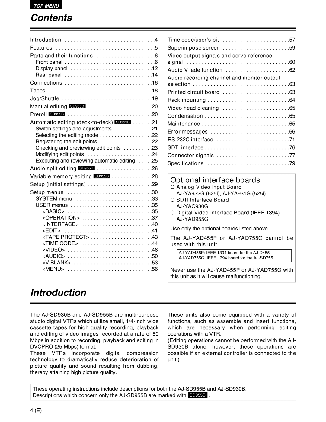 Panasonic AJ-SD930BE, AJ-SD955BE manual Contents, Introduction 