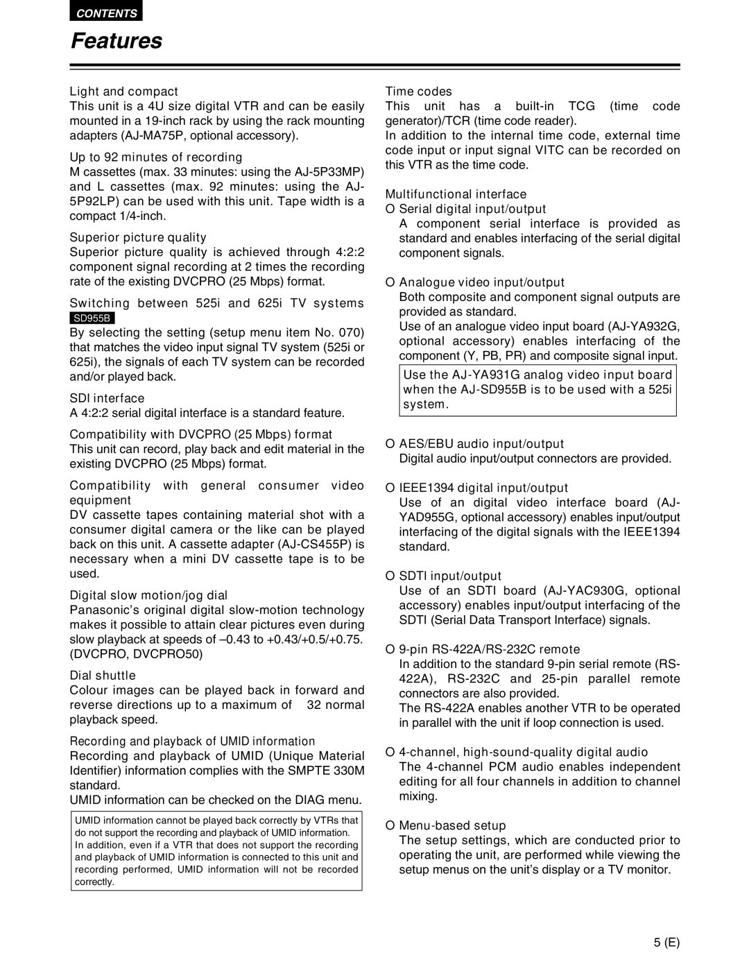 Panasonic AJ-SD955BE, AJ-SD930BE manual Features 