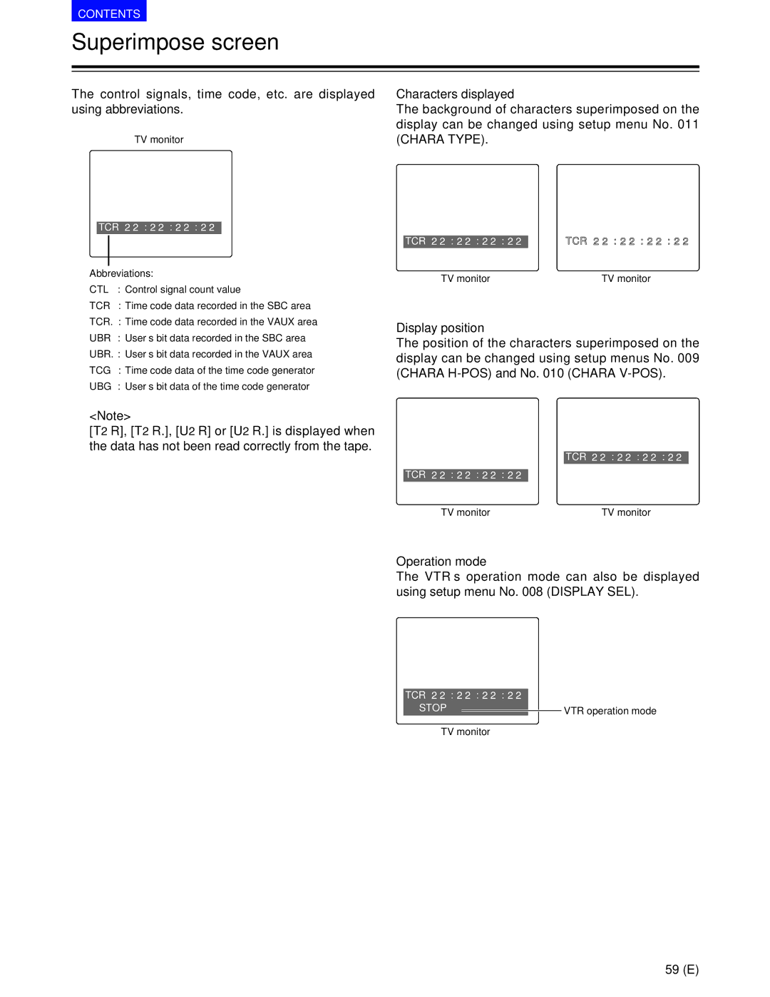 Panasonic AJ-SD955BE, AJ-SD930BE manual Superimpose screen, Characters displayed, Display position, Operation mode 