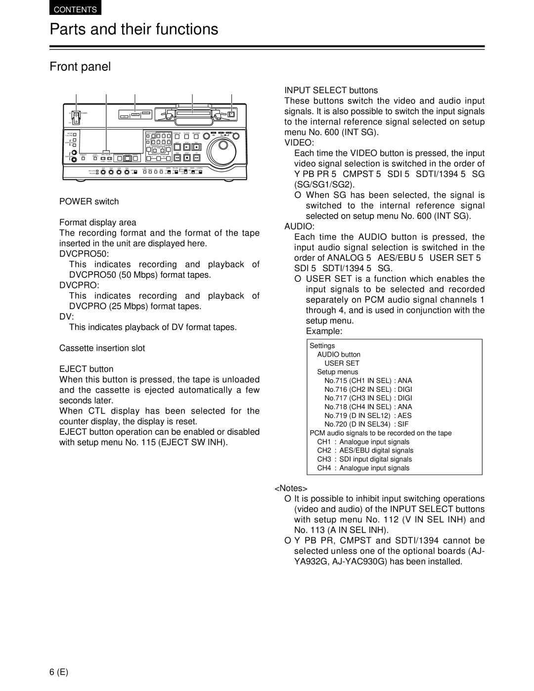 Panasonic AJ-SD930BE, AJ-SD955BE manual Parts and their functions, Front panel 