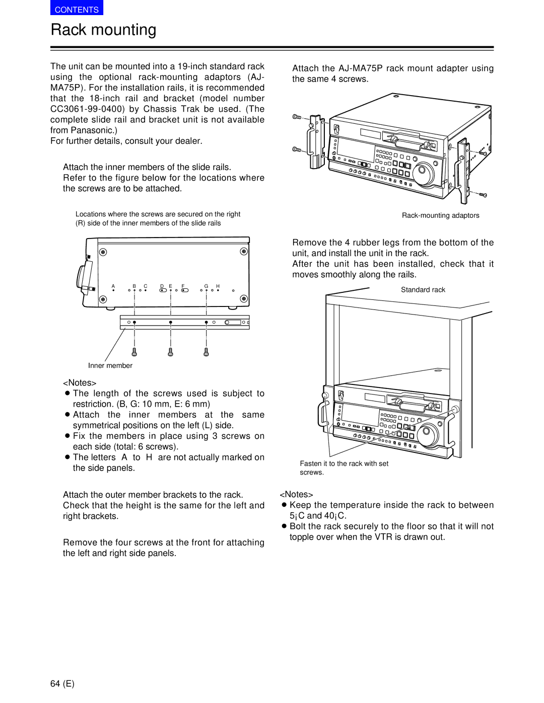 Panasonic AJ-SD930BE manual Rack mounting, Rack-mounting adaptors, Standard rack Fasten it to the rack with set screws 