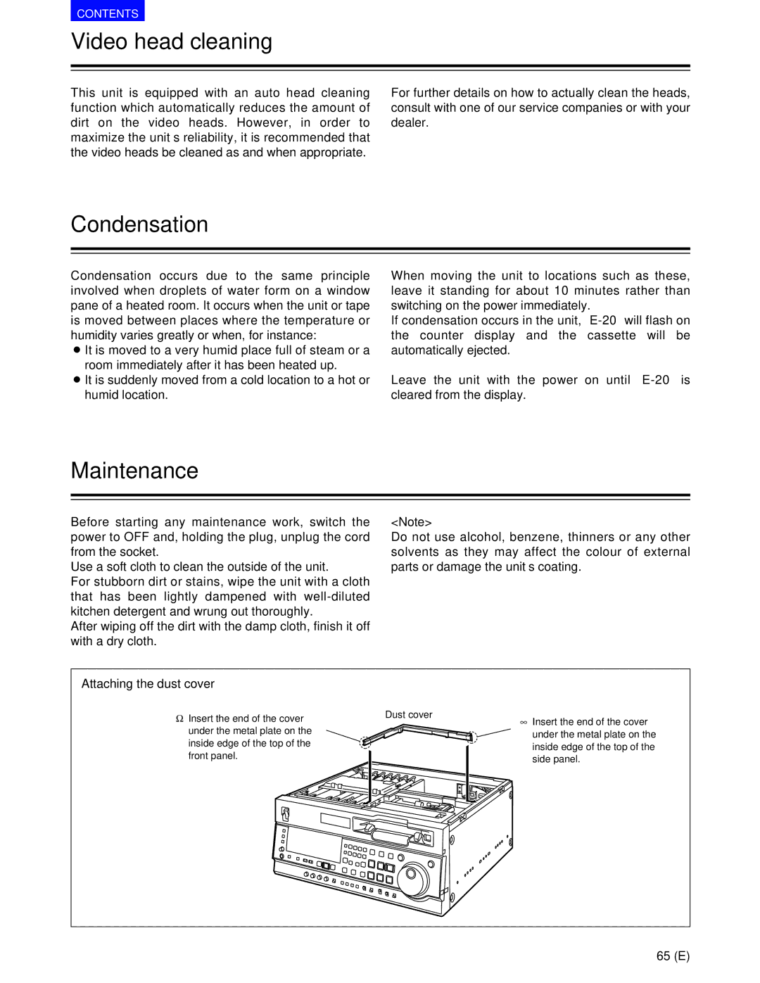 Panasonic AJ-SD955BE Video head cleaning, Condensation, Maintenance, Attaching the dust cover, Insert the end of the cover 