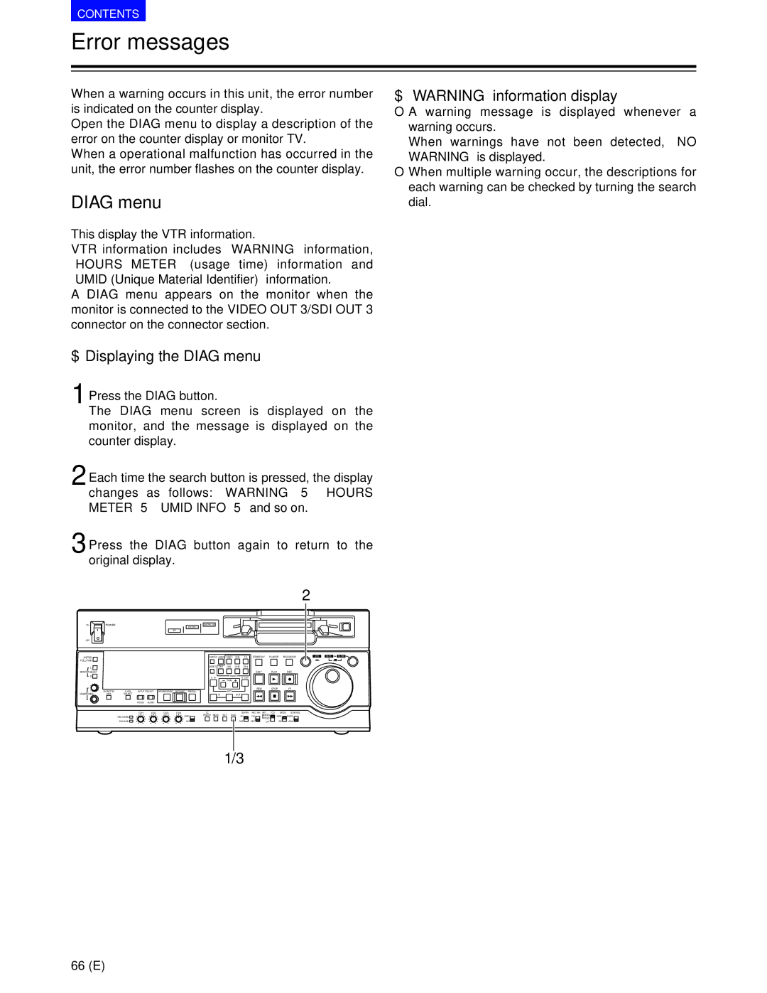 Panasonic AJ-SD930BE, AJ-SD955BE manual Error messages, $ Displaying the Diag menu, $ Warning information display 