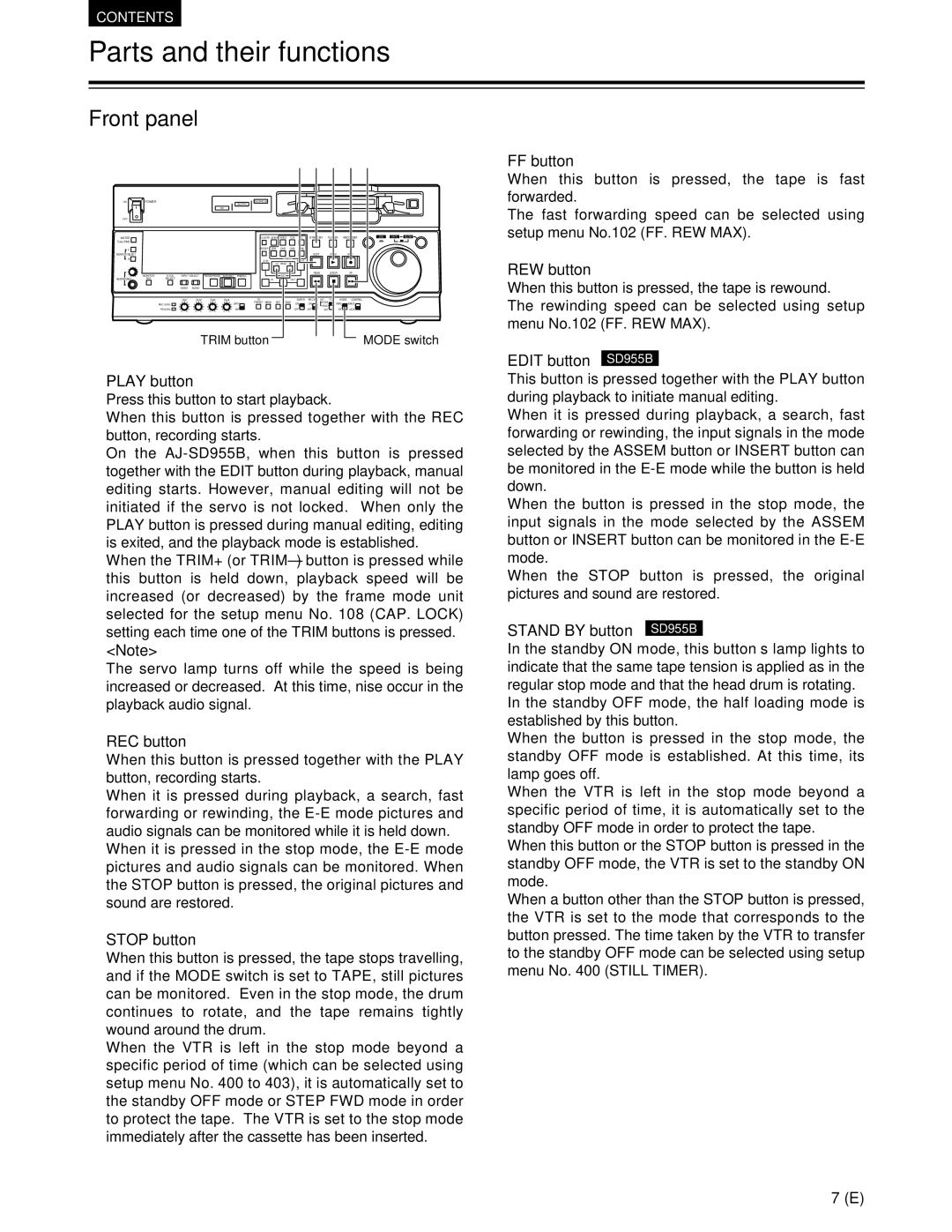 Panasonic AJ-SD955BE, AJ-SD930BE manual Play button, REC button, Stop button, FF button, REW button, Edit button SD955B 