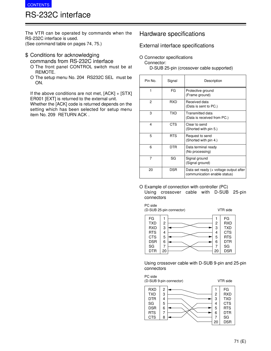 Panasonic AJ-SD955BE, AJ-SD930BE manual RS-232C interface, Hardware specifications, External interface specifications 