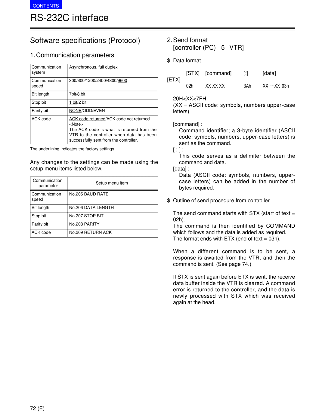 Panasonic AJ-SD930BE manual Software specifications Protocol, Communication parameters, Send format controller PC 5 VTR 