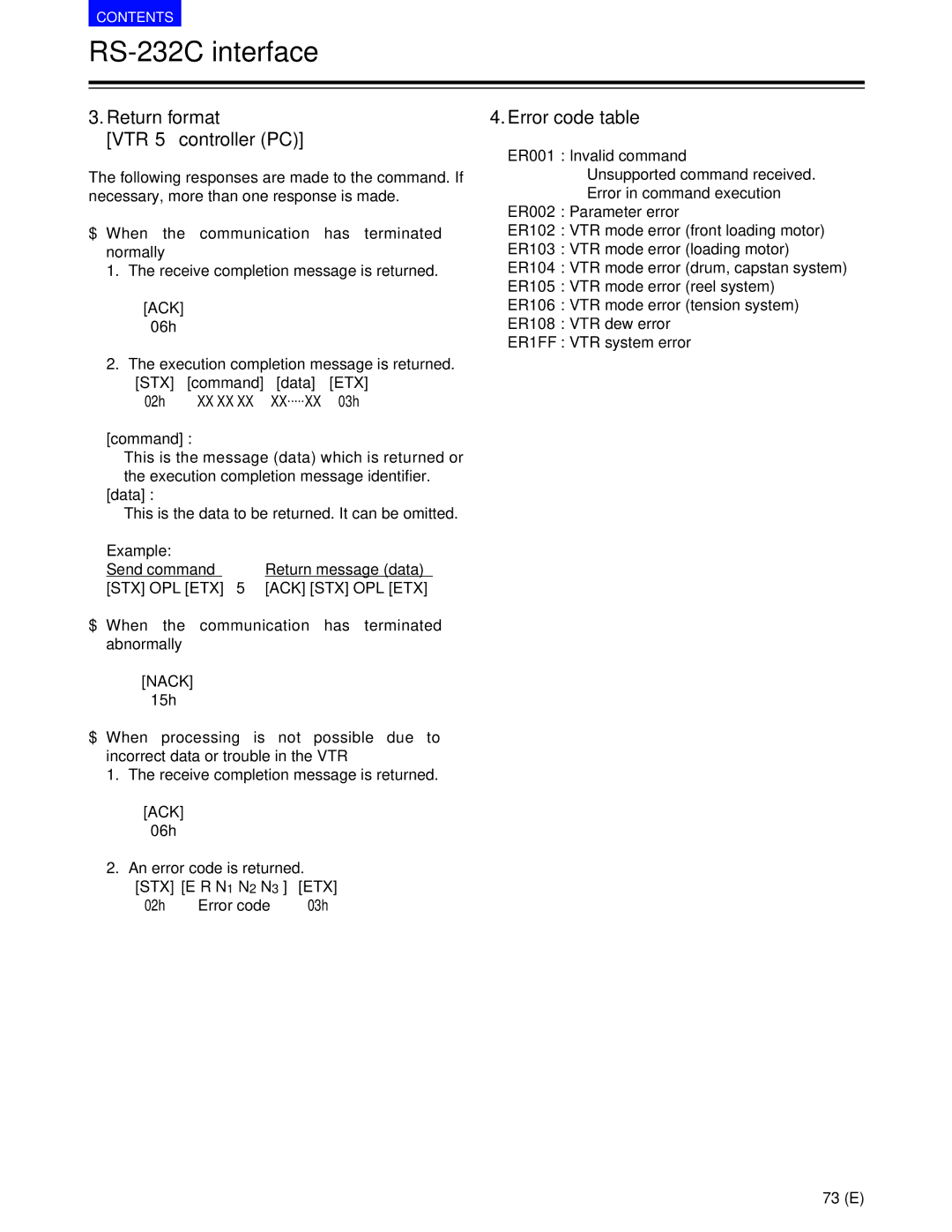 Panasonic AJ-SD955BE Return format VTR 5 controller PC, Error code table, $ When the communication has terminated normally 