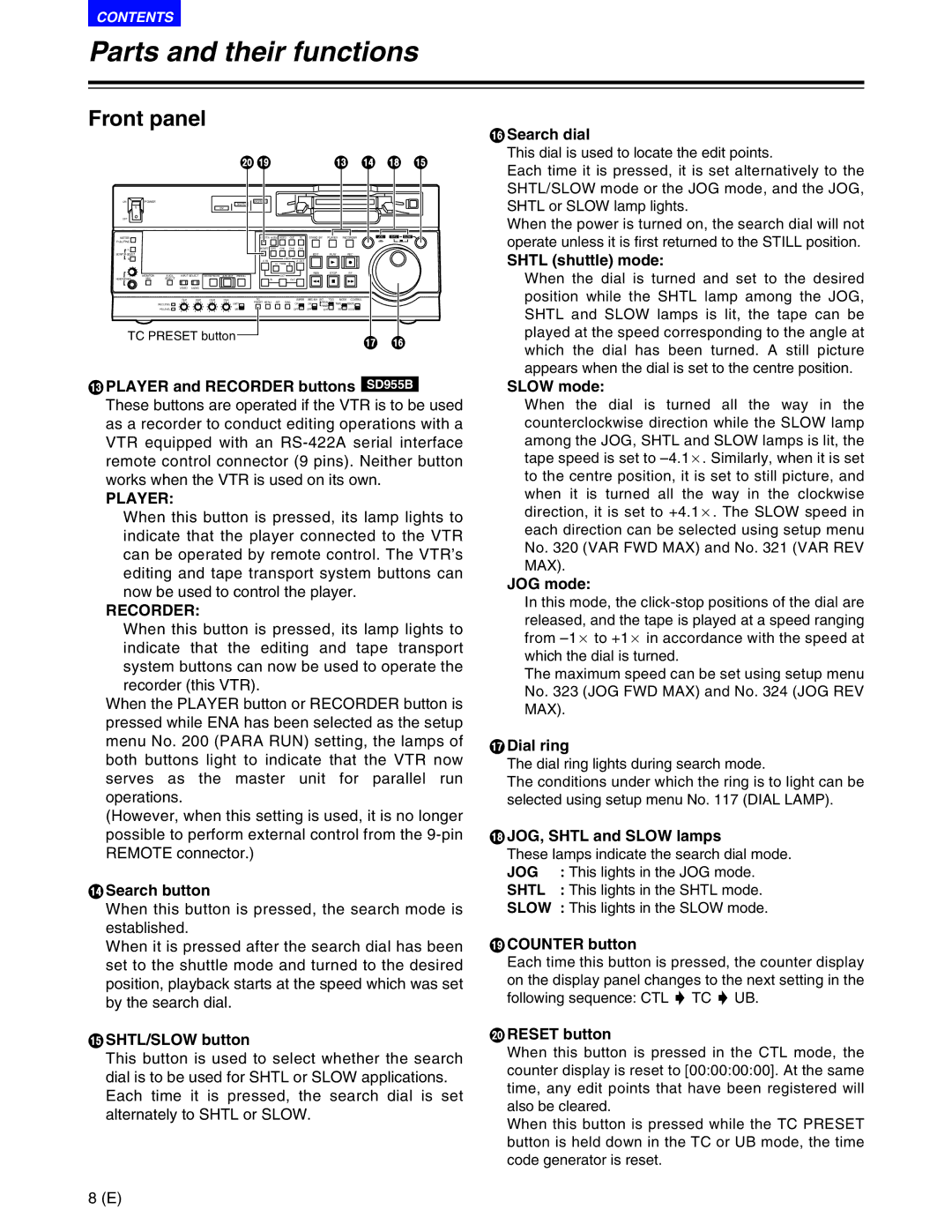 Panasonic AJ-SD930BE, AJ-SD955BE manual Player, Recorder, Jog, Shtl, Slow 