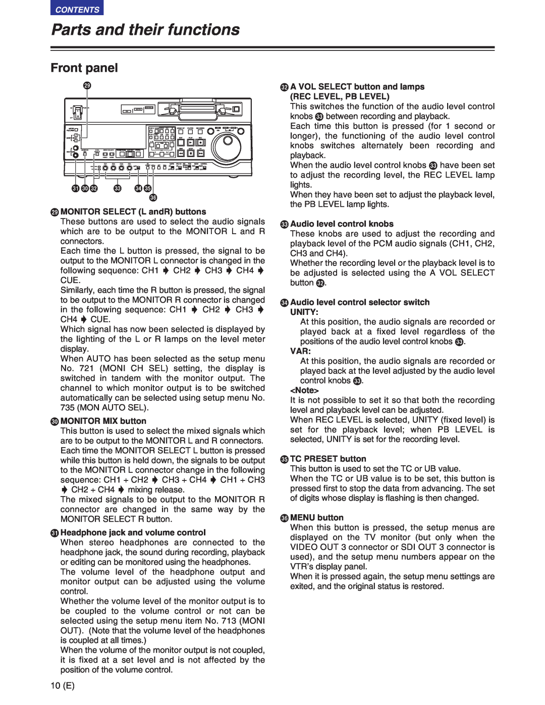 Panasonic AJ-SD930BE, AJ-SD955BE manual Parts and their functions, Front panel, PA VOL SELECT button and lamps 