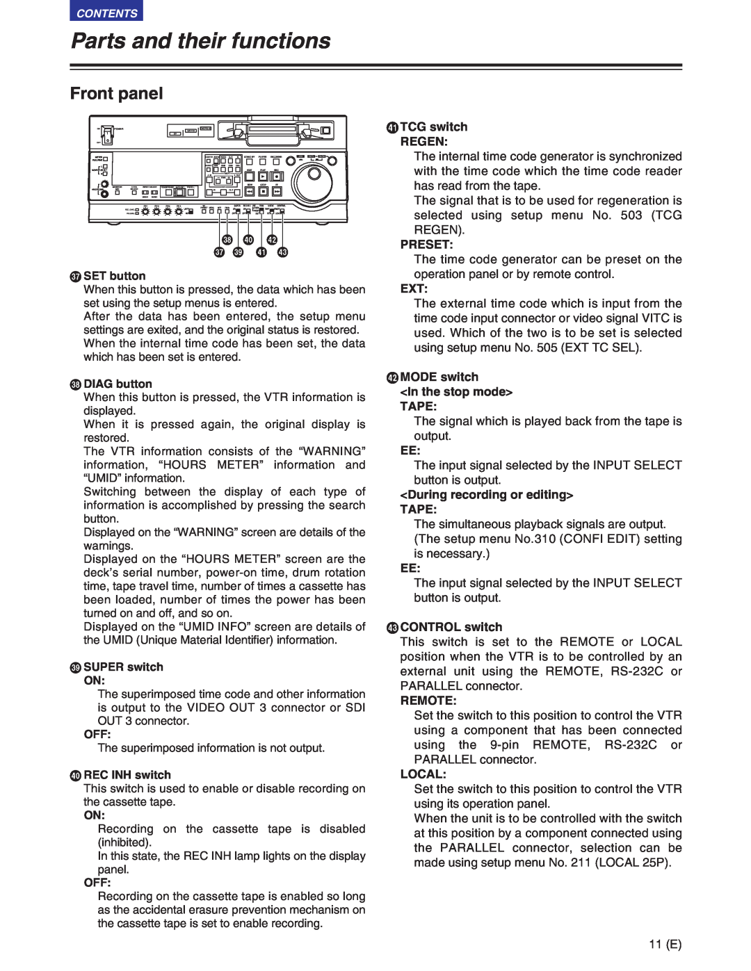 Panasonic AJ-SD955BE, AJ-SD930BE manual Parts and their functions, Front panel, YTCG switch 