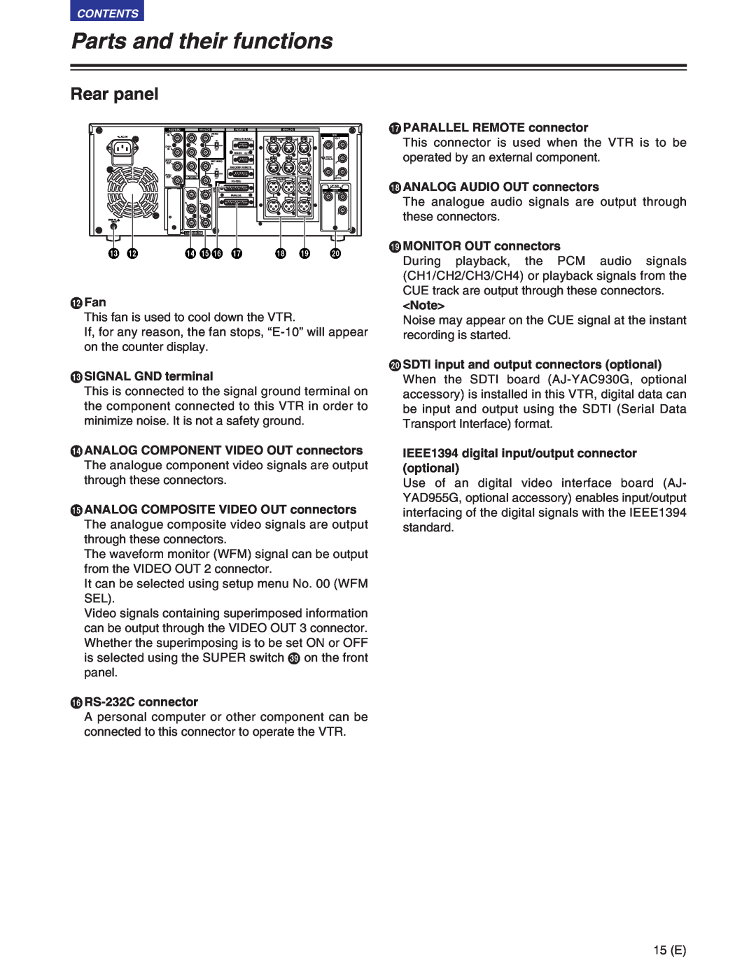 Panasonic AJ-SD955BE, AJ-SD930BE manual Parts and their functions, Rear panel, APARALLEL REMOTE connector 